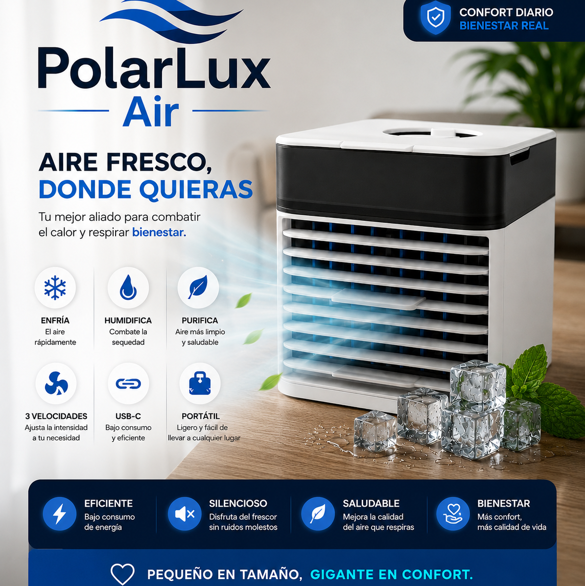 PolarLux Air/ Climatizador Portátil Evaporativo - Refresca en Segundos